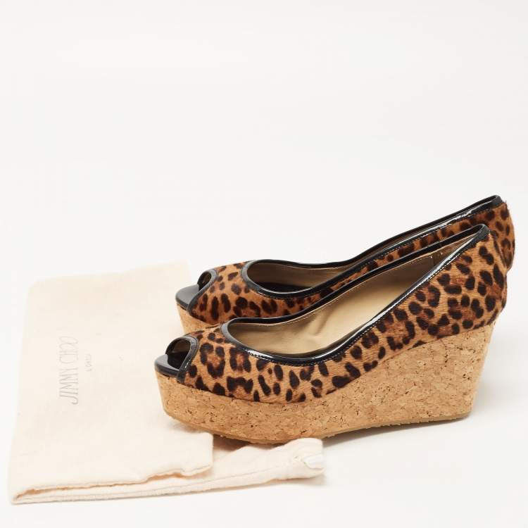 Pre Owned Jimmy Choo Leopard Print Calf Hair And Patent Trim Papina Cork Wedge Pumps Size 38