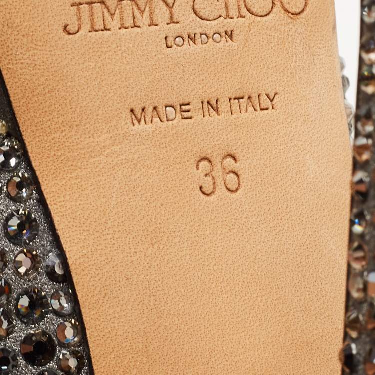 Pre Owned Jimmy Choo Metallic Grey Crystal Embellished Suede Peep Toe Platform Pumps Size 36