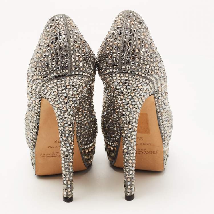 Pre Owned Jimmy Choo Metallic Grey Crystal Embellished Suede Peep Toe Platform Pumps Size 36