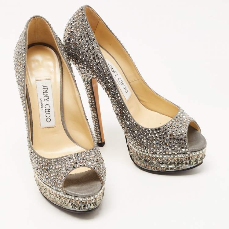 Pre Owned Jimmy Choo Metallic Grey Crystal Embellished Suede Peep Toe Platform Pumps Size 36