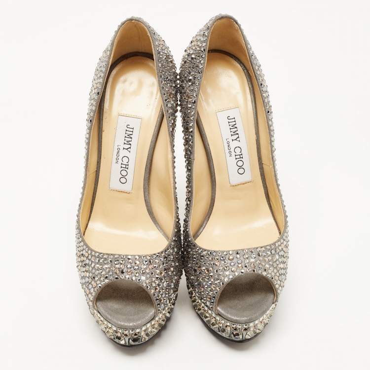 Pre Owned Jimmy Choo Metallic Grey Crystal Embellished Suede Peep Toe Platform Pumps Size 36