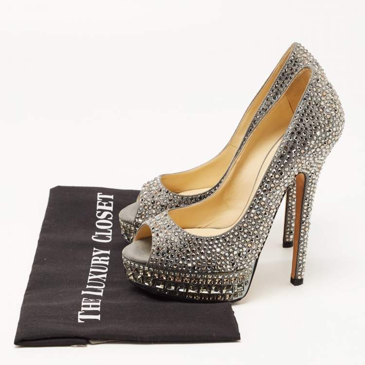 Pre Owned Jimmy Choo Metallic Grey Crystal Embellished Suede Peep Toe Platform Pumps Size 36