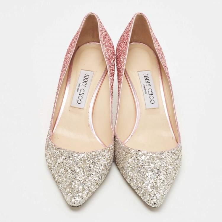 Pre Owned Jimmy Choo Pink/Silver Coarse Glitter Romy Pointed Toe Pumps Size 39.5