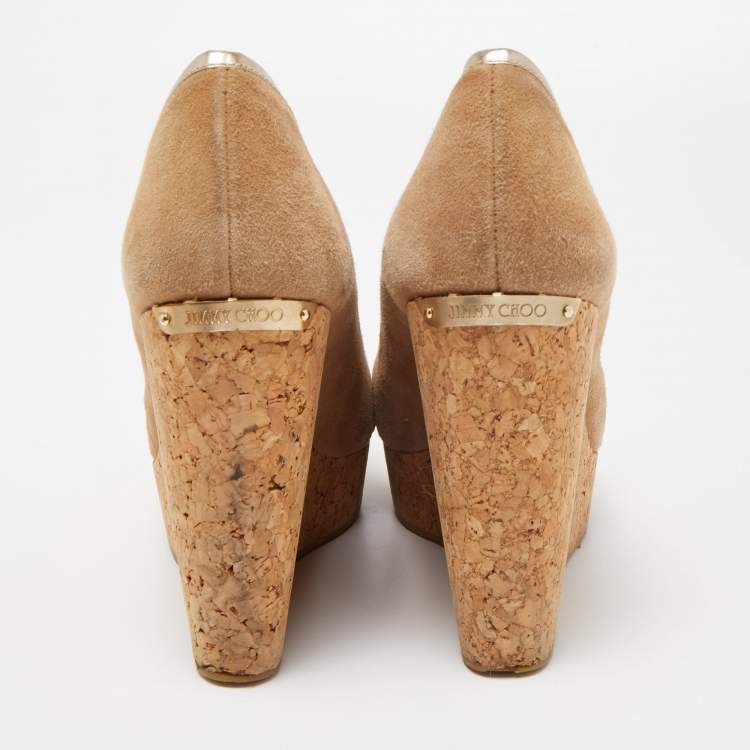 Pre Owned Jimmy Choo Brown Suede Papina Cork Wedge Platform Peep Toe Pumps Size 37.5