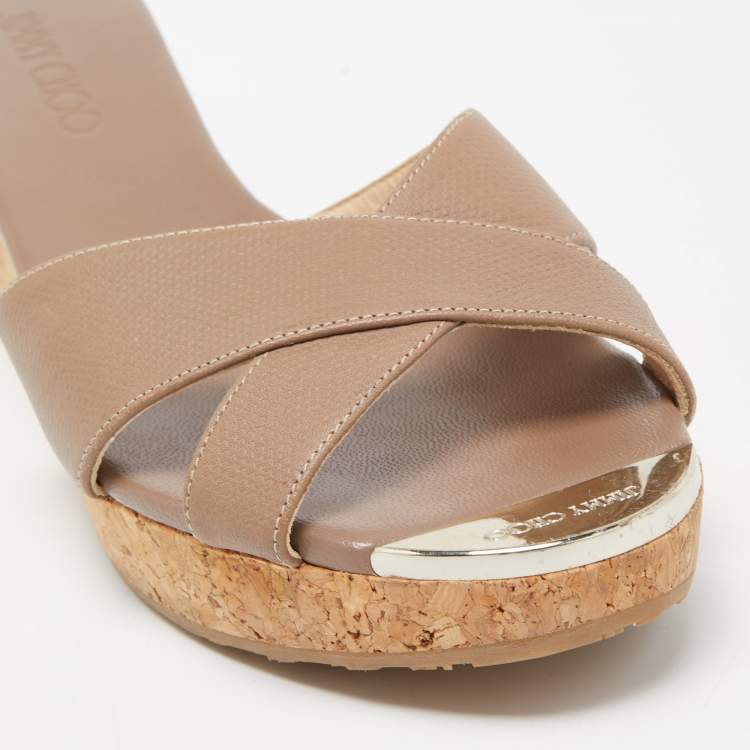 Pre Owned Jimmy Choo Beige Leather Prima Cork Wedge Sandals Size 38.5