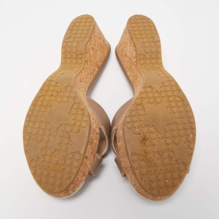 Pre Owned Jimmy Choo Beige Leather Prima Cork Wedge Sandals Size 38.5