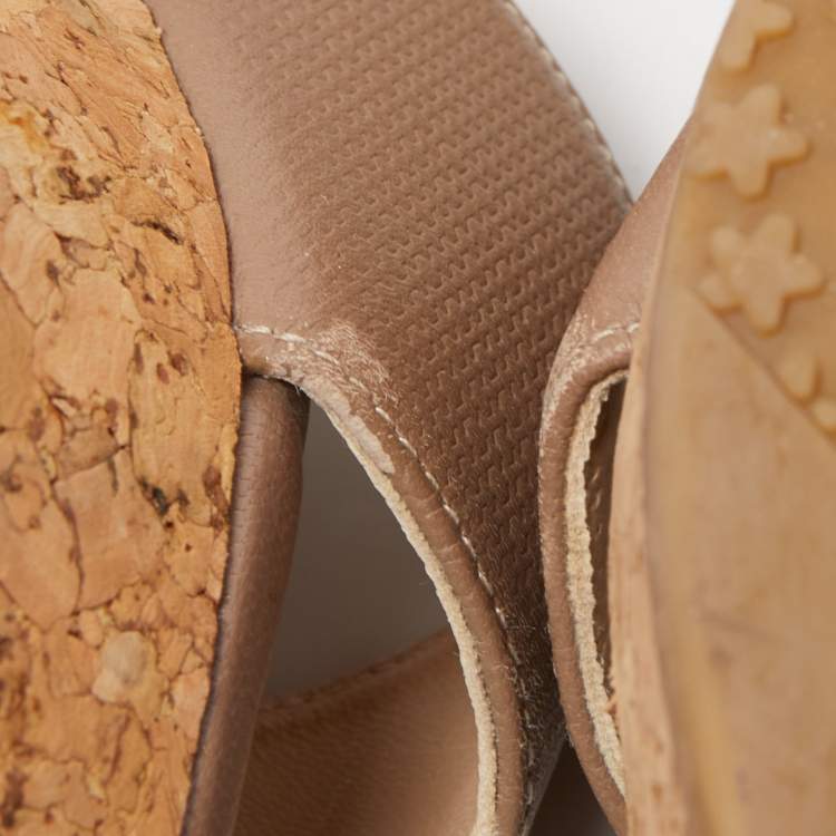 Pre Owned Jimmy Choo Beige Leather Prima Cork Wedge Sandals Size 38.5