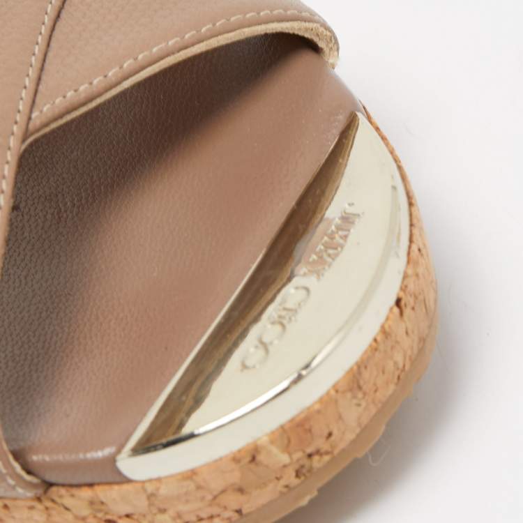 Pre Owned Jimmy Choo Beige Leather Prima Cork Wedge Sandals Size 38.5