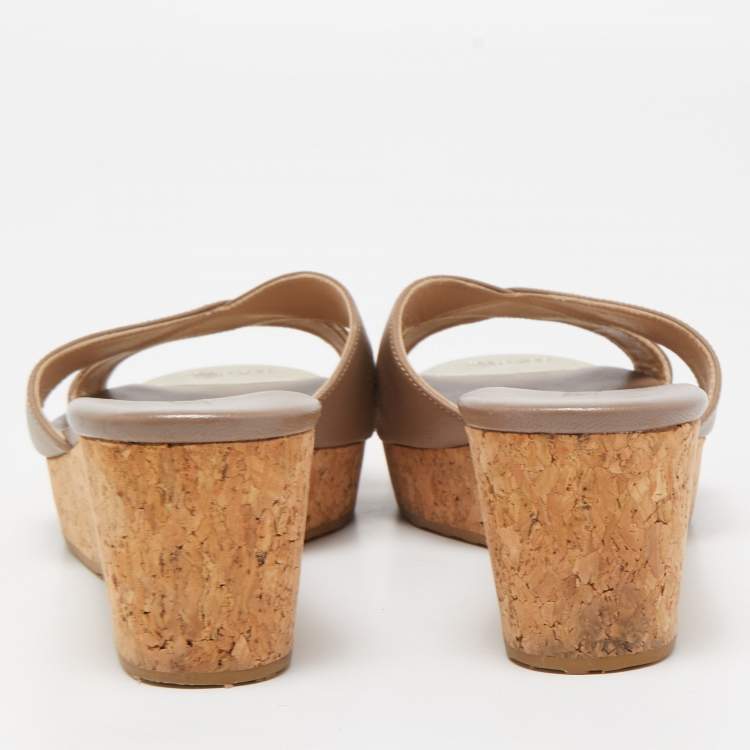 Pre Owned Jimmy Choo Beige Leather Prima Cork Wedge Sandals Size 38.5