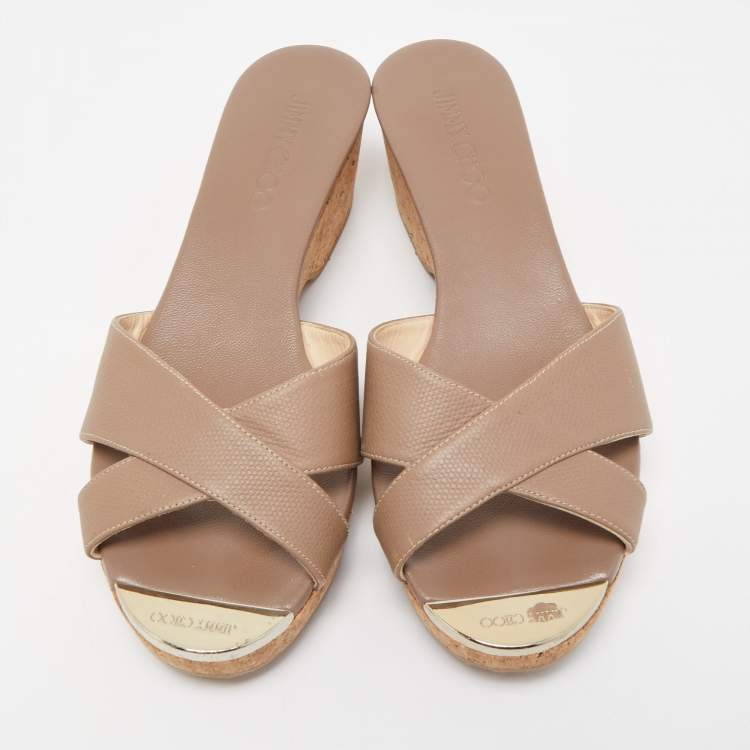 Pre Owned Jimmy Choo Beige Leather Prima Cork Wedge Sandals Size 38.5