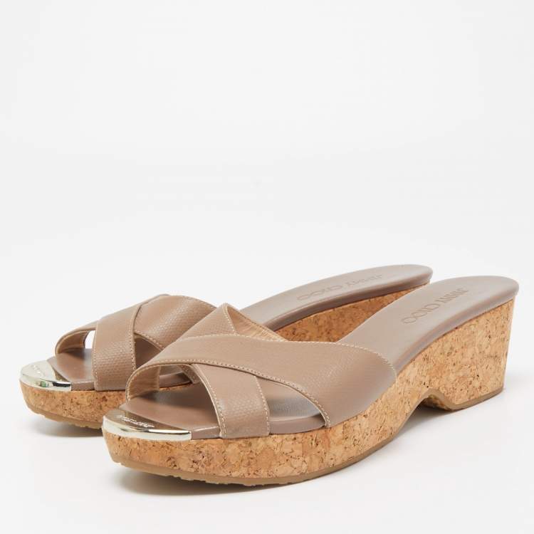 Pre Owned Jimmy Choo Beige Leather Prima Cork Wedge Sandals Size 38.5