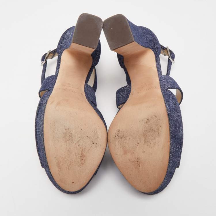 Pre Owned Jimmy Choo Navy Blue Textured Suede April Platform Ankle Strap Sandals 36