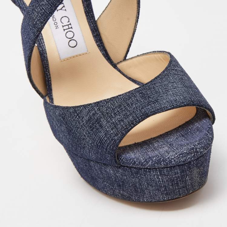 Pre Owned Jimmy Choo Navy Blue Textured Suede April Platform Ankle Strap Sandals 36