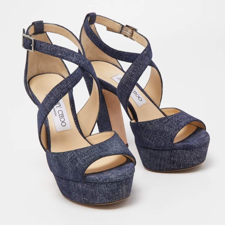 Pre Owned Jimmy Choo Navy Blue Textured Suede April Platform Ankle Strap Sandals 36