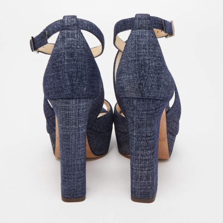 Pre Owned Jimmy Choo Navy Blue Textured Suede April Platform Ankle Strap Sandals 36