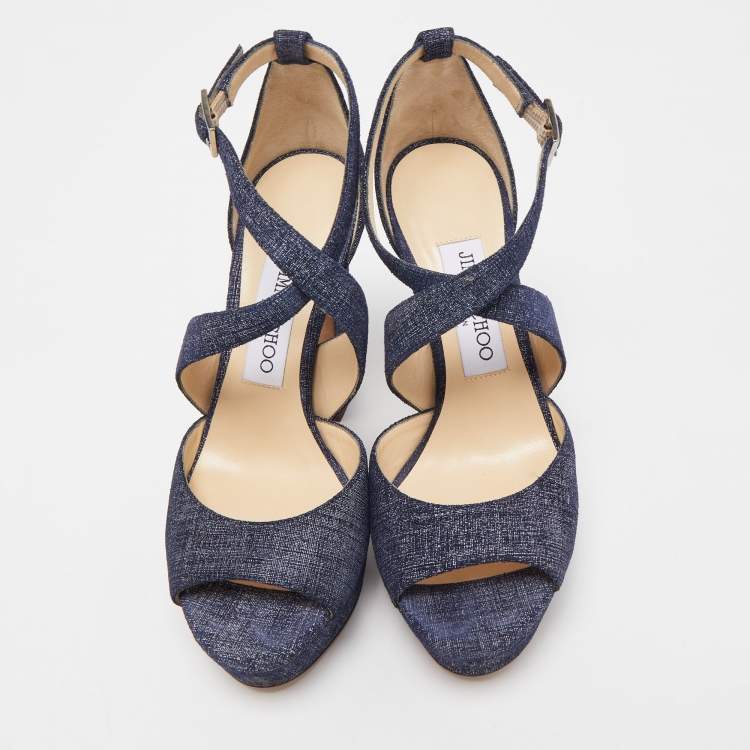 Pre Owned Jimmy Choo Navy Blue Textured Suede April Platform Ankle Strap Sandals 36