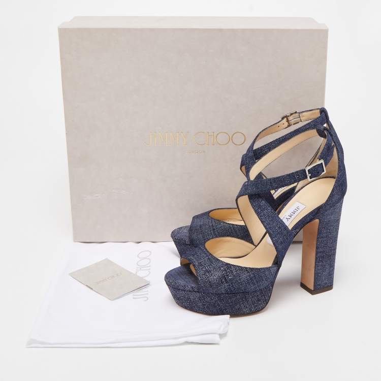 Pre Owned Jimmy Choo Navy Blue Textured Suede April Platform Ankle Strap Sandals 36