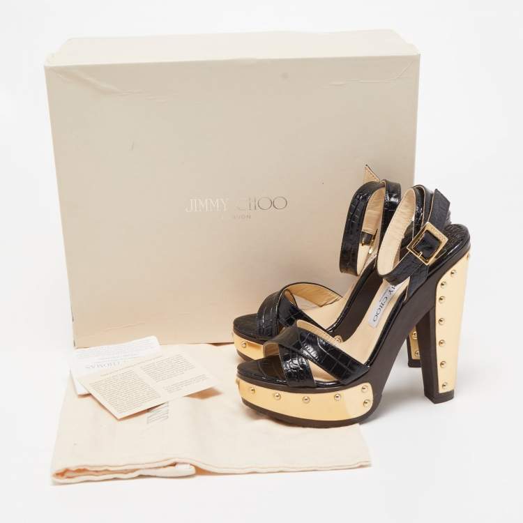 Pre Owned Jimmy Choo Black Croc Embossed Ultimate Wooden Ankle Strap Platform Sandals Size 36