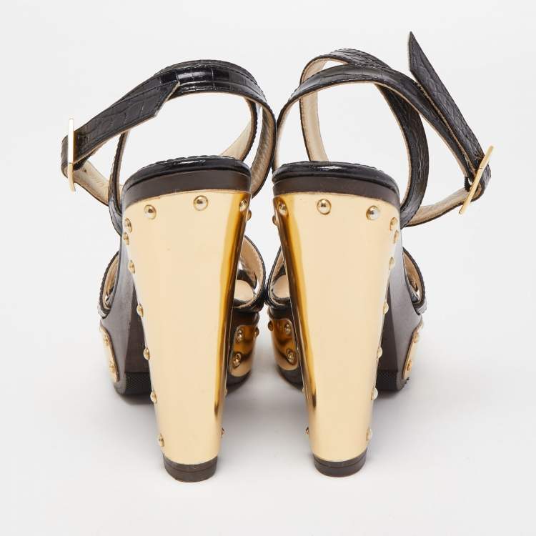 Pre Owned Jimmy Choo Black Croc Embossed Ultimate Wooden Ankle Strap Platform Sandals Size 36