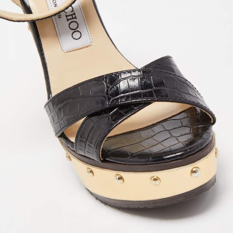 Pre Owned Jimmy Choo Black Croc Embossed Ultimate Wooden Ankle Strap Platform Sandals Size 36