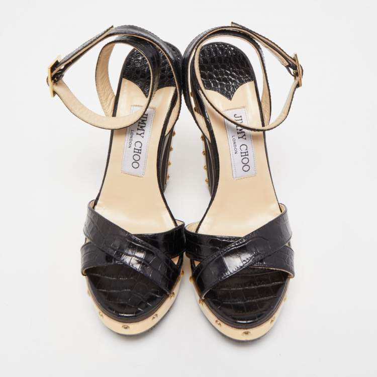 Pre Owned Jimmy Choo Black Croc Embossed Ultimate Wooden Ankle Strap Platform Sandals Size 36