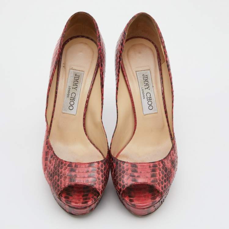 Pre Owned Jimmy Choo Red/Black Watersnake Leather Peep Toe Platform Pumps Size 37.5