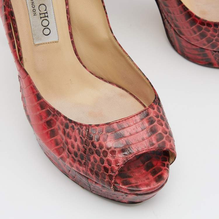 Pre Owned Jimmy Choo Red/Black Watersnake Leather Peep Toe Platform Pumps Size 37.5