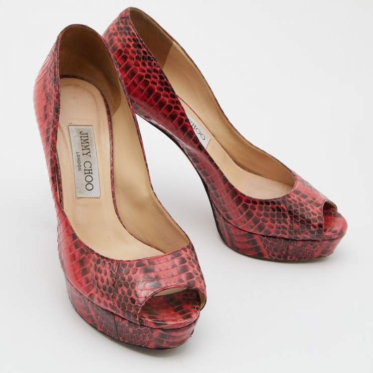 Pre Owned Jimmy Choo Red/Black Watersnake Leather Peep Toe Platform Pumps Size 37.5
