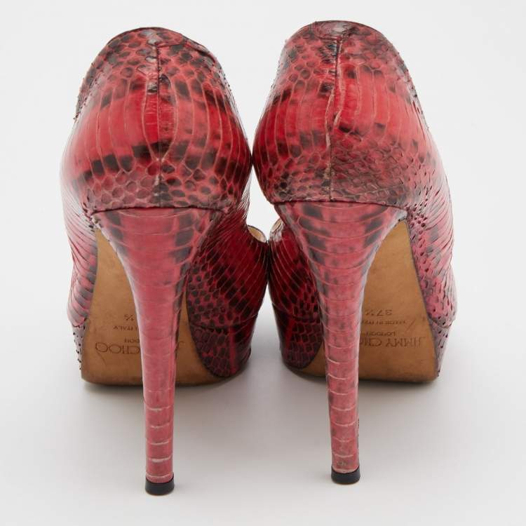 Pre Owned Jimmy Choo Red/Black Watersnake Leather Peep Toe Platform Pumps Size 37.5