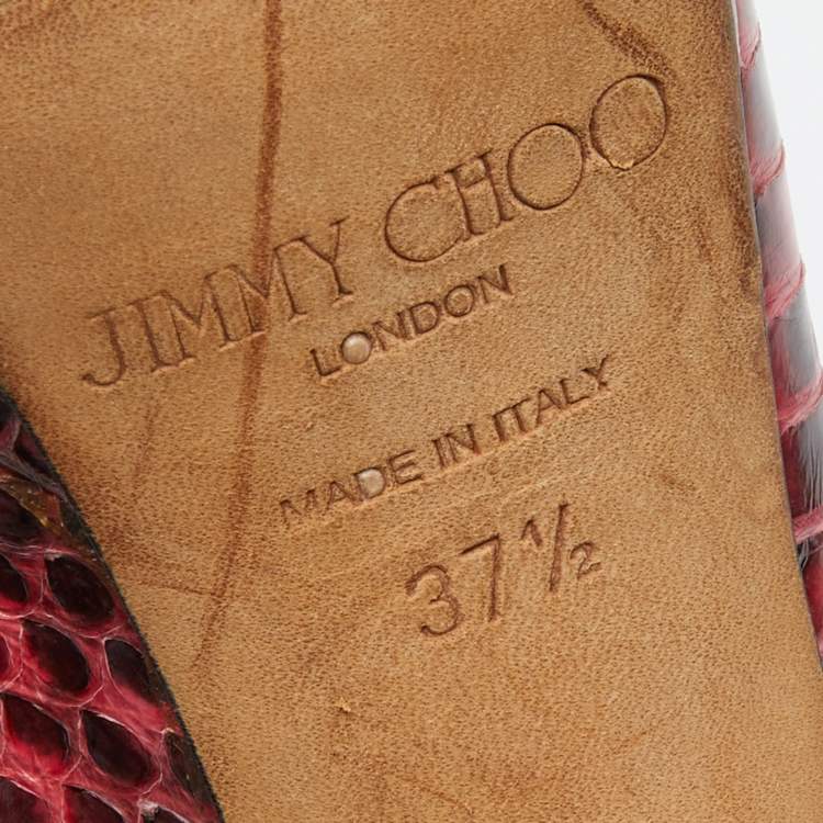 Pre Owned Jimmy Choo Red/Black Watersnake Leather Peep Toe Platform Pumps Size 37.5