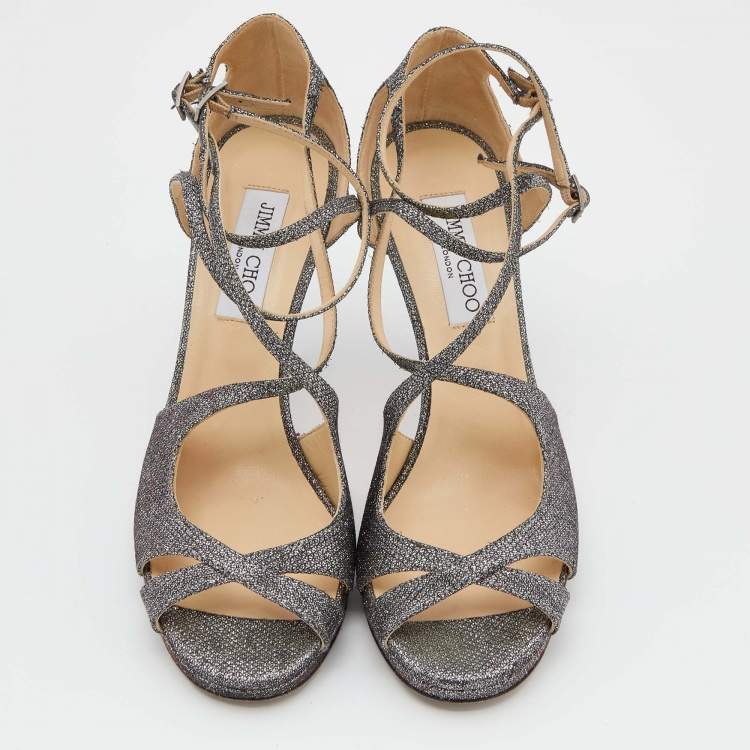 Pre Owned Jimmy Choo Metallic Grey Lurex Fabric Strappy Platform Sandals Size 39.5