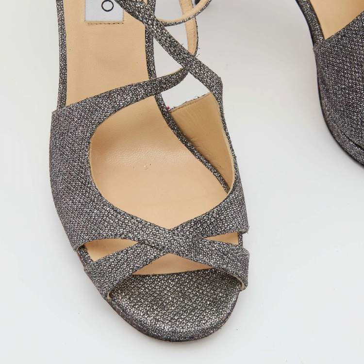 Pre Owned Jimmy Choo Metallic Grey Lurex Fabric Strappy Platform Sandals Size 39.5