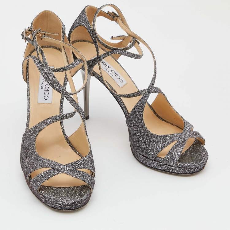 Pre Owned Jimmy Choo Metallic Grey Lurex Fabric Strappy Platform Sandals Size 39.5