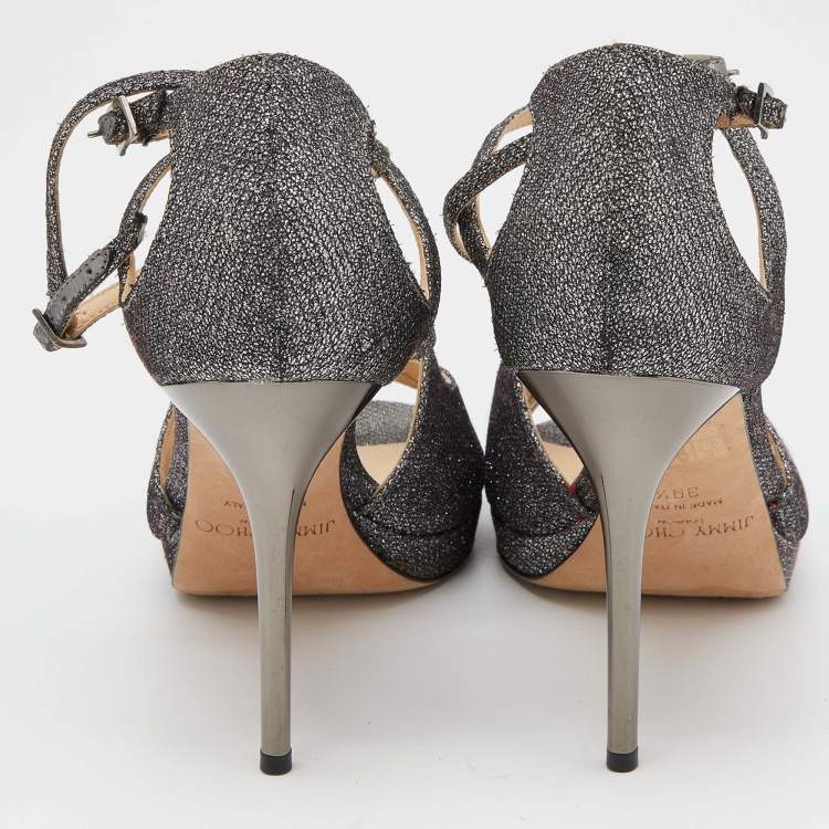 Pre Owned Jimmy Choo Metallic Grey Lurex Fabric Strappy Platform Sandals Size 39.5