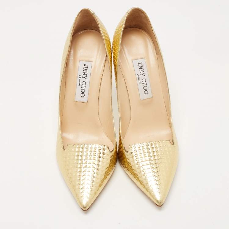 Pre Owned Jimmy Choo Gold Patent Leather Pointed Toe Pumps Size 39.5