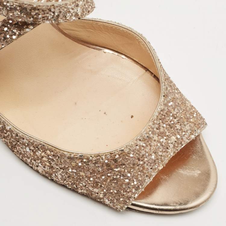 Pre Owned Jimmy Choo Gold Coarse Glitter Carrie Sandals Size 41