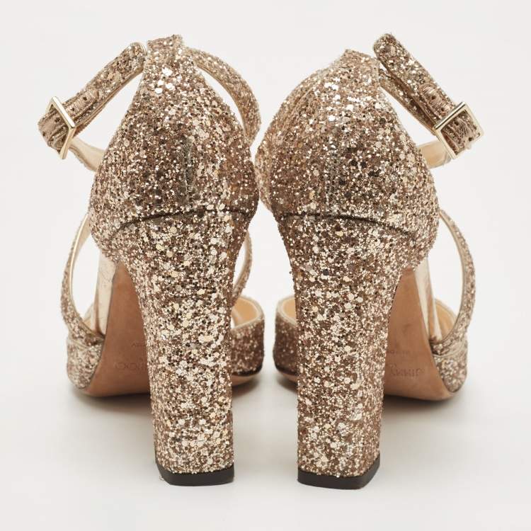 Pre Owned Jimmy Choo Gold Coarse Glitter Carrie Sandals Size 41