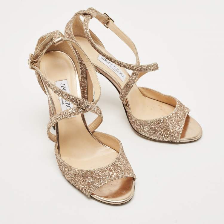 Pre Owned Jimmy Choo Gold Coarse Glitter Carrie Sandals Size 41