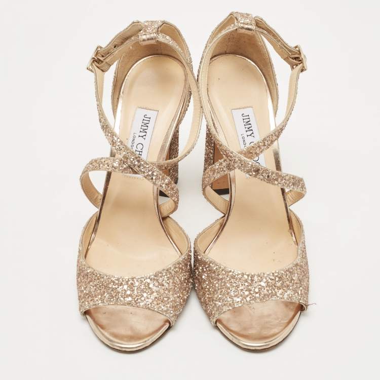 Pre Owned Jimmy Choo Gold Coarse Glitter Carrie Sandals Size 41