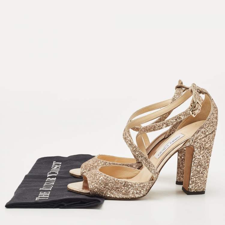 Pre Owned Jimmy Choo Gold Coarse Glitter Carrie Sandals Size 41