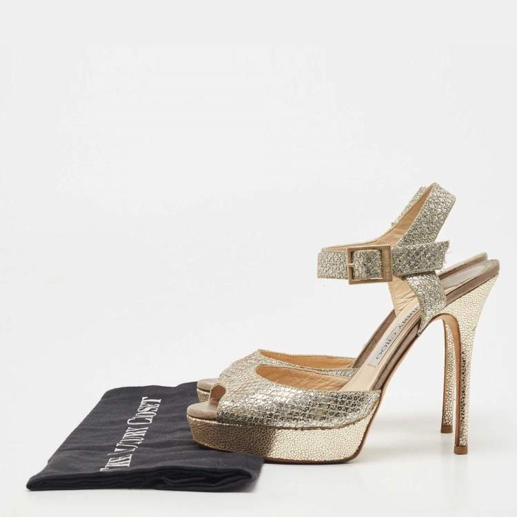 Pre Owned Jimmy Choo Gold Glitter Ankle Strap Platform Sandals Size 38.5