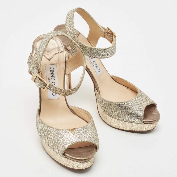 Pre Owned Jimmy Choo Gold Glitter Ankle Strap Platform Sandals Size 38.5