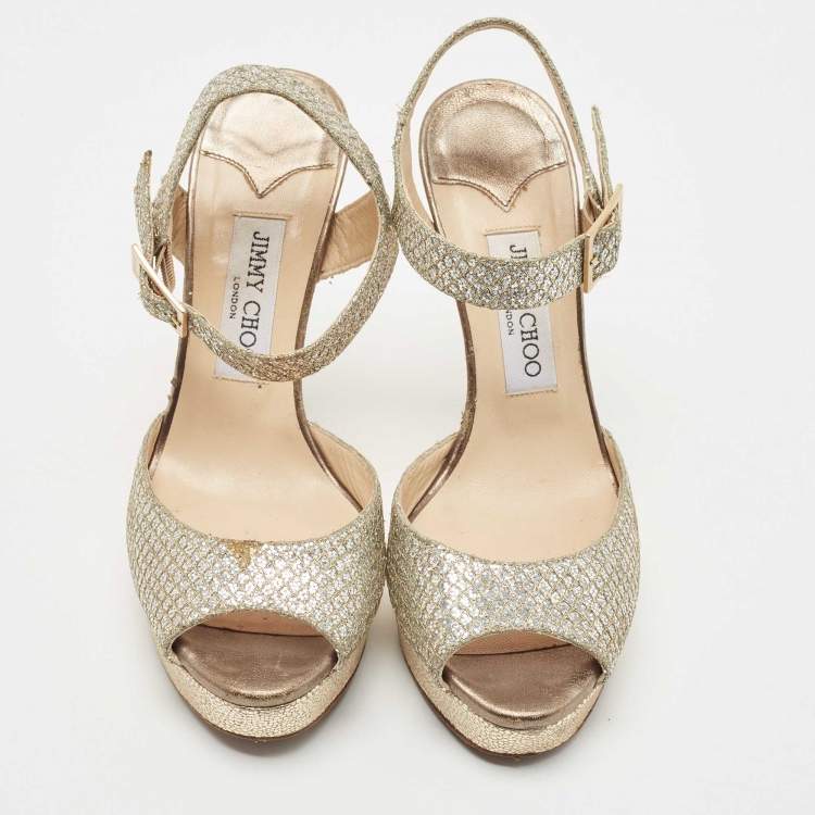 Pre Owned Jimmy Choo Gold Glitter Ankle Strap Platform Sandals Size 38.5