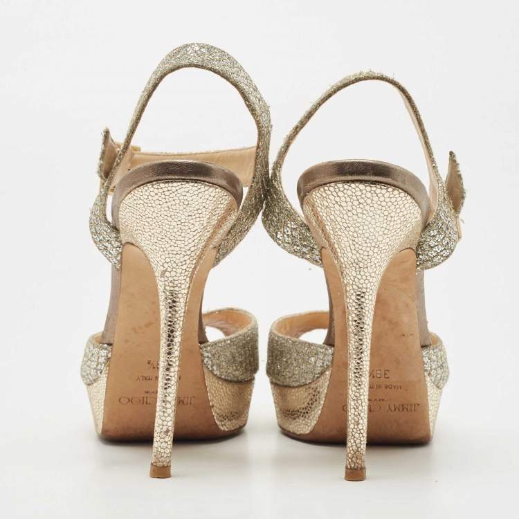Pre Owned Jimmy Choo Gold Glitter Ankle Strap Platform Sandals Size 38.5