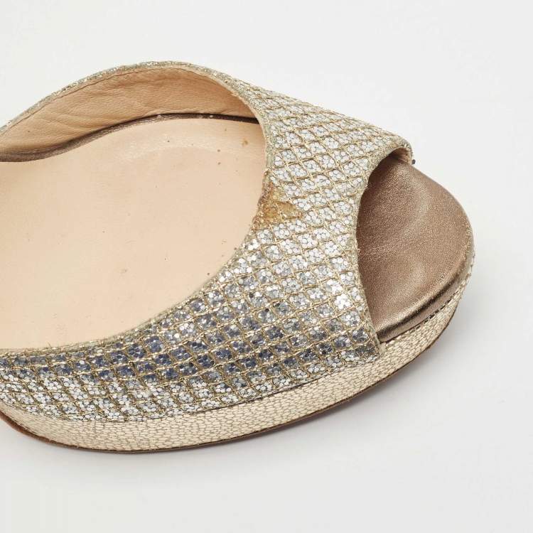 Pre Owned Jimmy Choo Gold Glitter Ankle Strap Platform Sandals Size 38.5