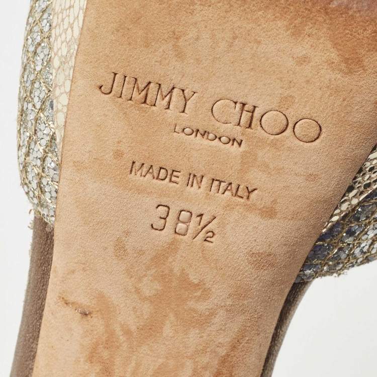 Pre Owned Jimmy Choo Gold Glitter Ankle Strap Platform Sandals Size 38.5
