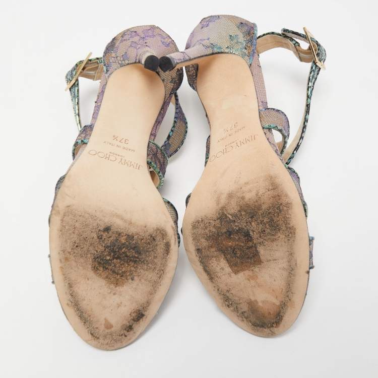 Pre Owned Jimmy Choo Multicolor Lace Python Embossed Leather Ankle Strap Sandals Size 37.5