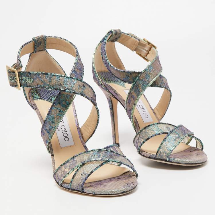 Pre Owned Jimmy Choo Multicolor Lace Python Embossed Leather Ankle Strap Sandals Size 37.5
