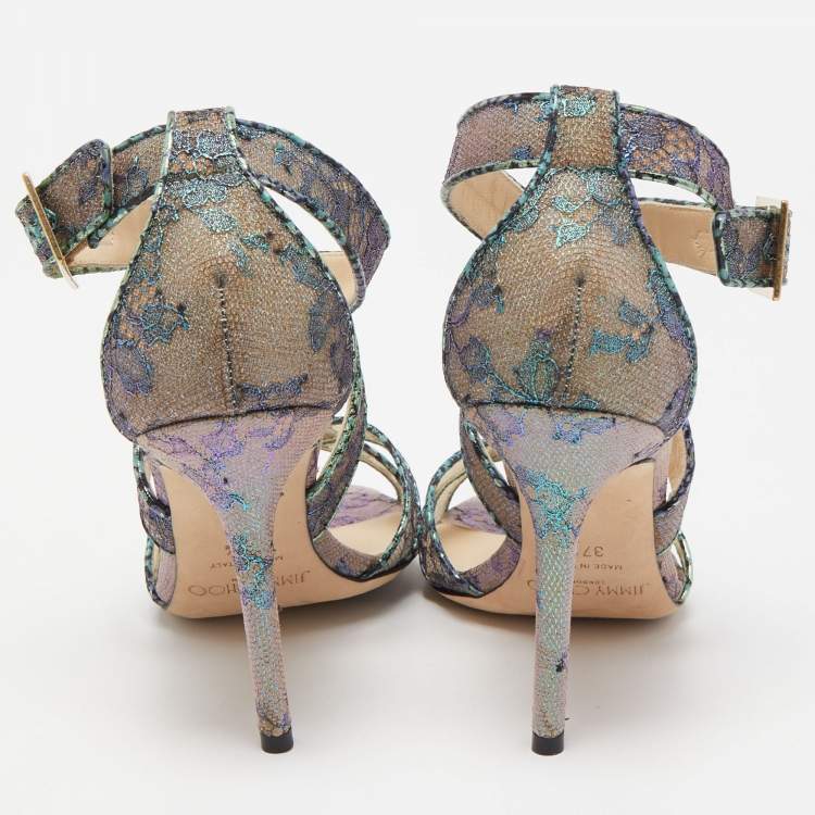 Pre Owned Jimmy Choo Multicolor Lace Python Embossed Leather Ankle Strap Sandals Size 37.5