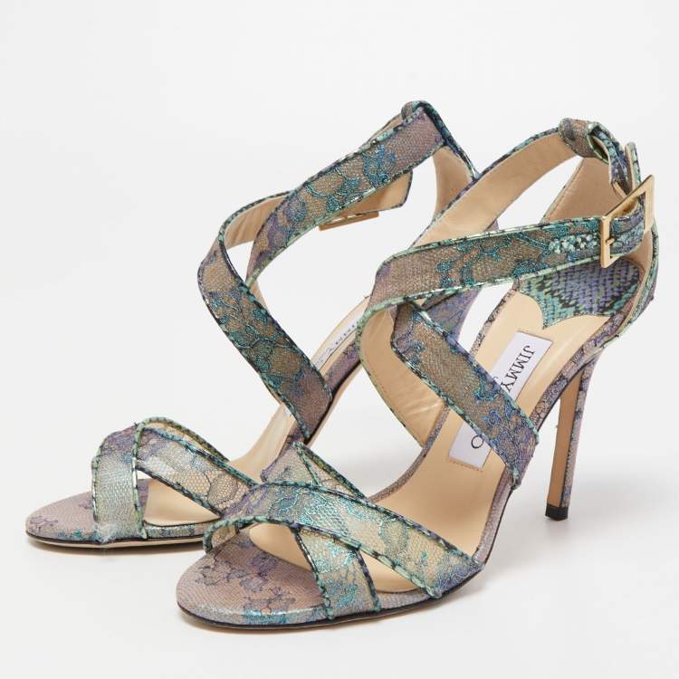 Pre Owned Jimmy Choo Multicolor Lace Python Embossed Leather Ankle Strap Sandals Size 37.5